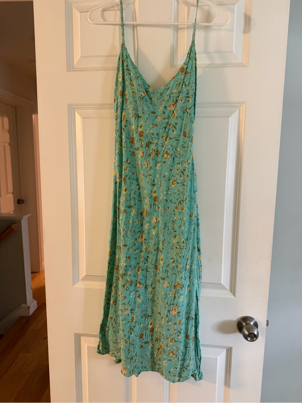 Teal Floral Slip Midi Dress with Spaghetti Straps